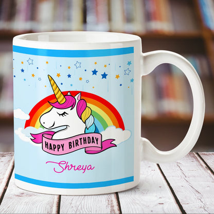 Unicorn Theme Happy Birthday Personalized Name White Mug