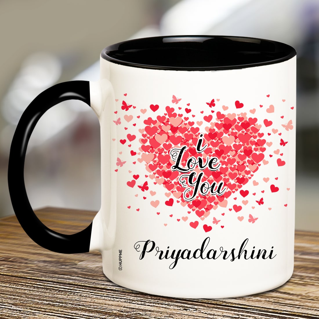 Personalized I Love You Flying Heart Name Inner Black Mug